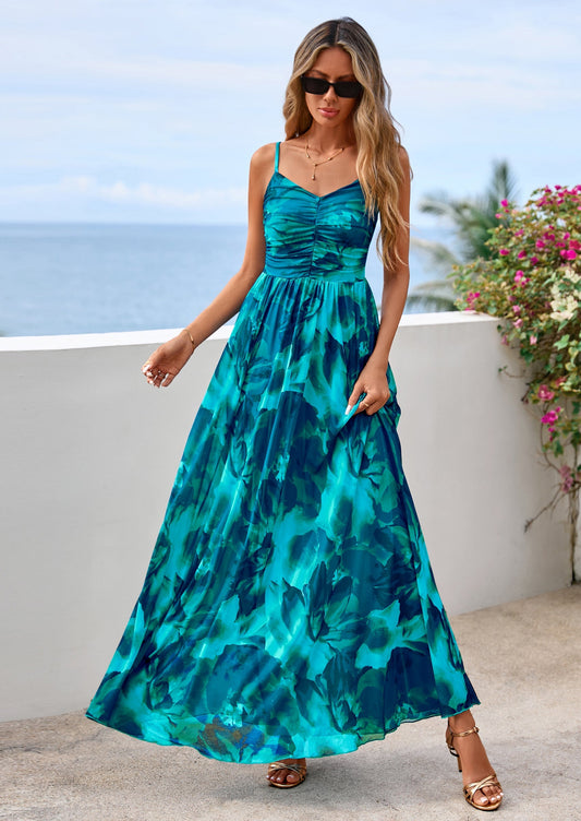 Floral Flowy Maxi Dress - Spaghetti Strap, V-Neck, Beach - photo 1