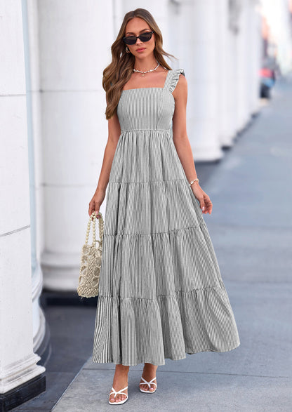 Striped Flowy Maxi Dress - Sleeveless, Square Neck, Casual - photo 47