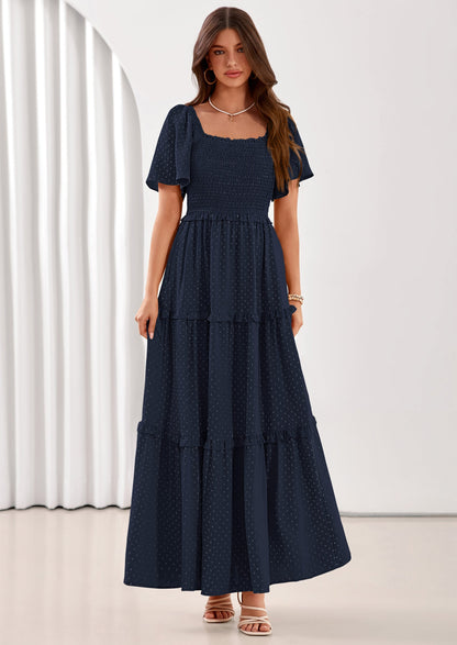 Swiss Dot Smocked Maxi Dress - Short Sleeve, Square Neck, Boho - photo 14