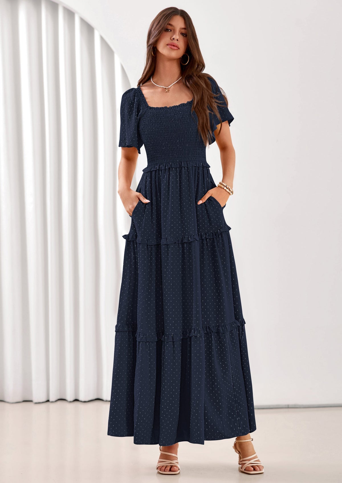 Swiss Dot Smocked Maxi Dress - Short Sleeve, Square Neck, Boho - photo 18