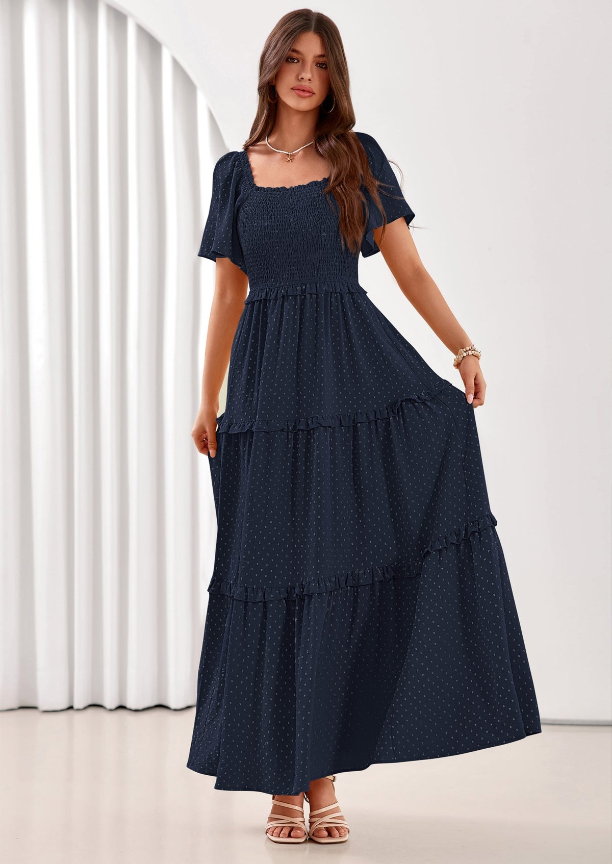Swiss Dot Smocked Maxi Dress - Short Sleeve, Square Neck, Boho - photo 19
