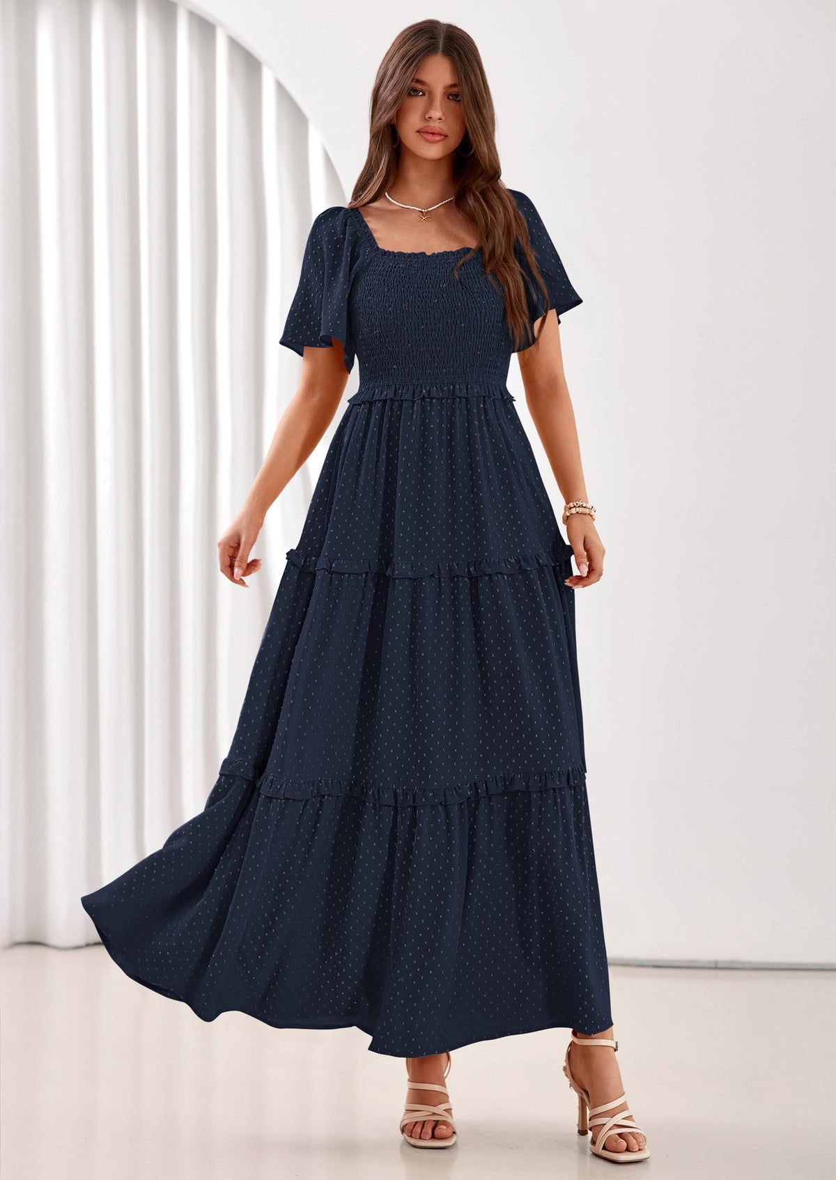 Swiss Dot Smocked Maxi Dress - Short Sleeve, Square Neck, Boho - photo 17