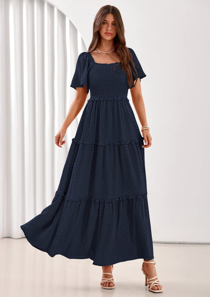 Swiss Dot Smocked Maxi Dress - Short Sleeve, Square Neck, Boho - photo 17