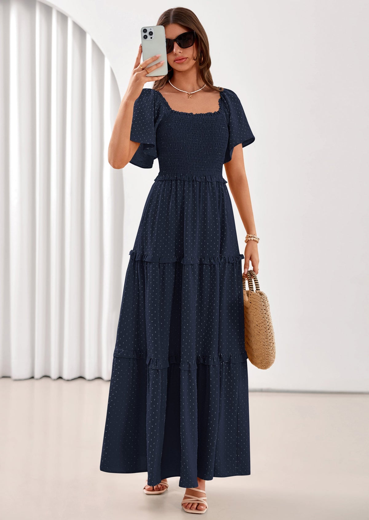 Swiss Dot Smocked Maxi Dress - Short Sleeve, Square Neck, Boho - photo 16
