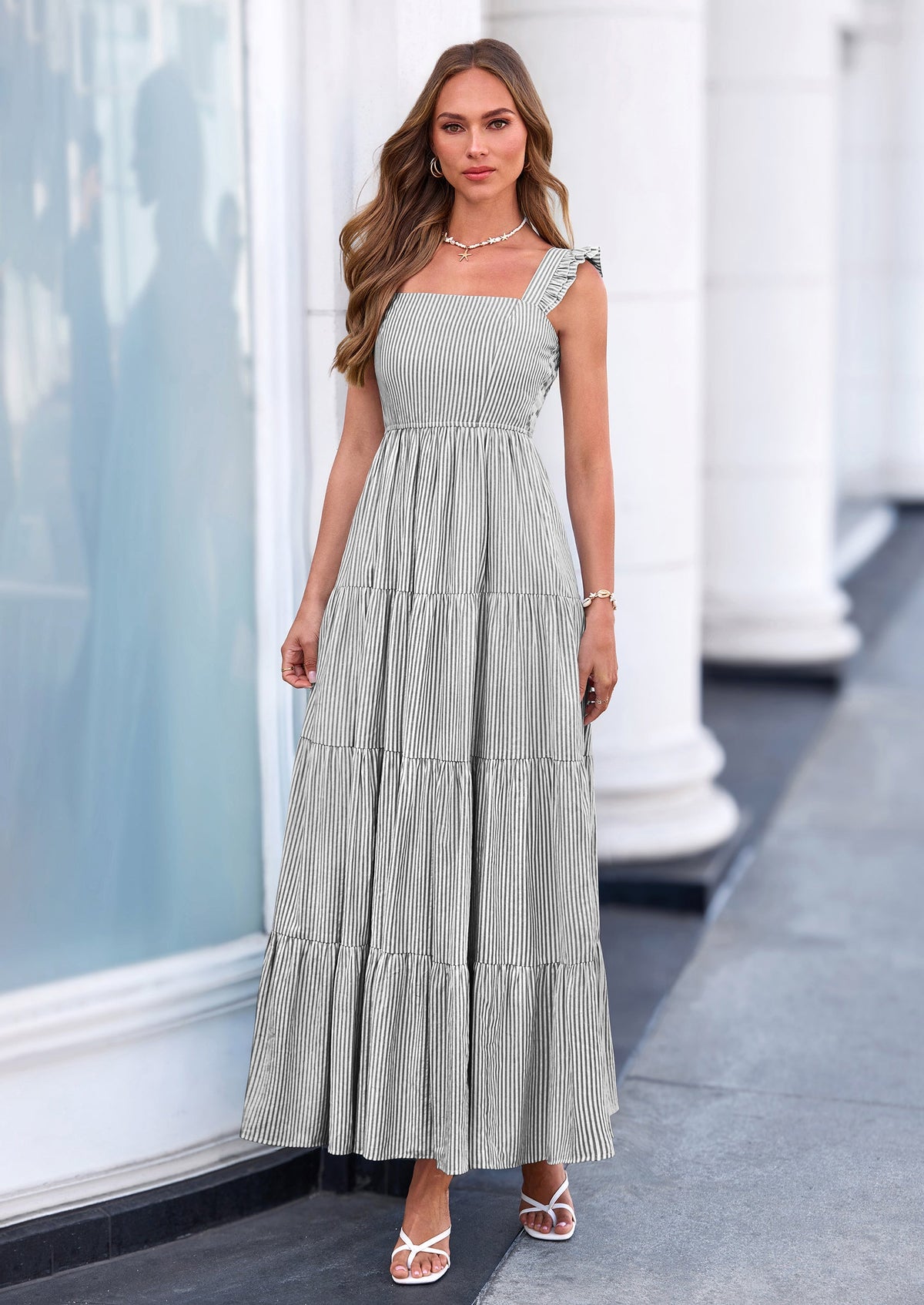 Striped Flowy Maxi Dress - Sleeveless, Square Neck, Casual - photo 44
