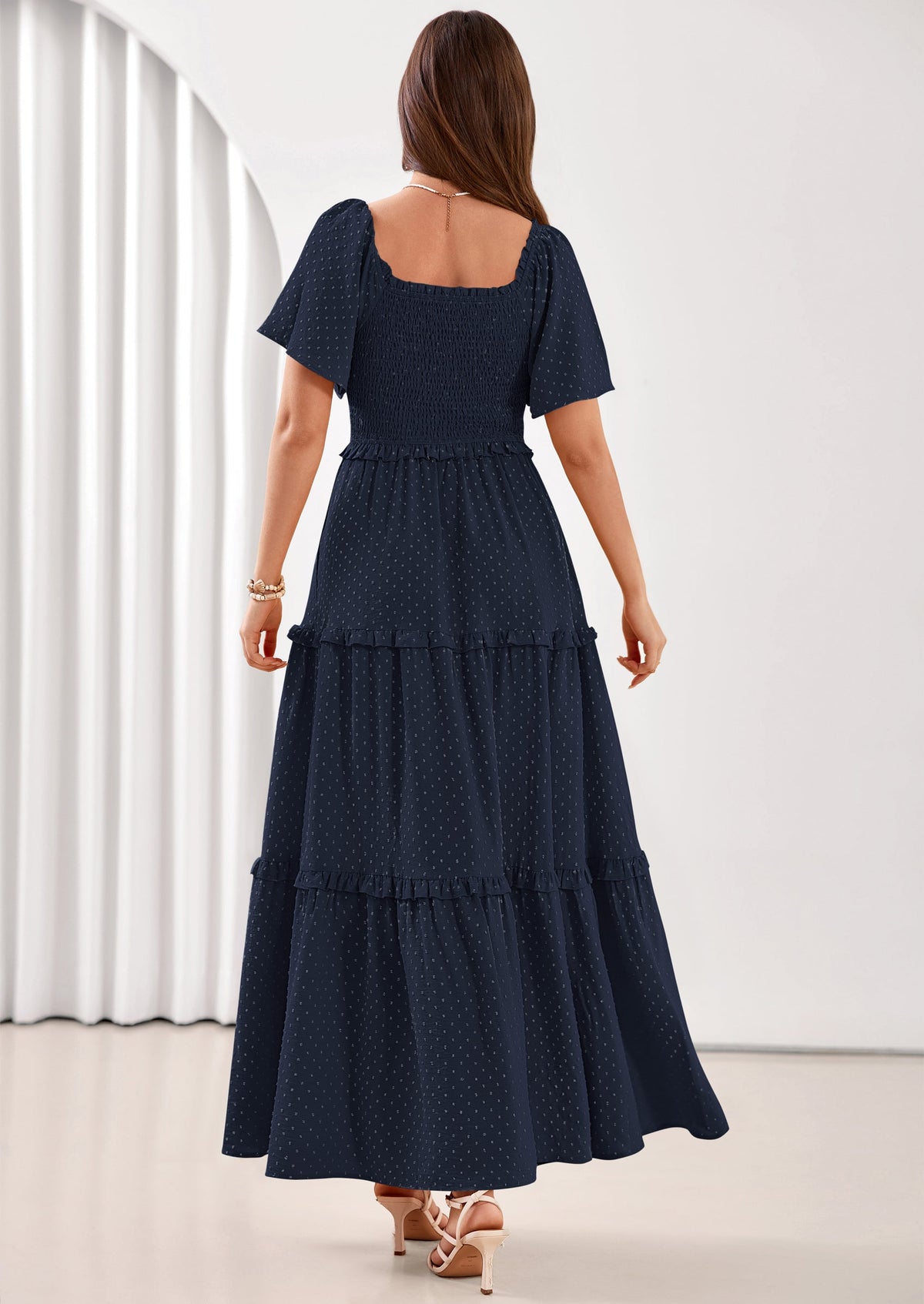 Swiss Dot Smocked Maxi Dress - Short Sleeve, Square Neck, Boho - photo 15