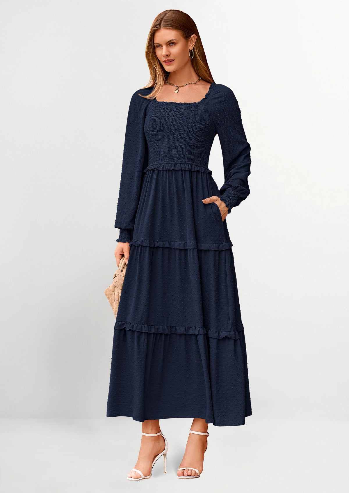 Beige Swiss Dot Smocked Tiered Maxi Dress - Long Sleeve, photo 26