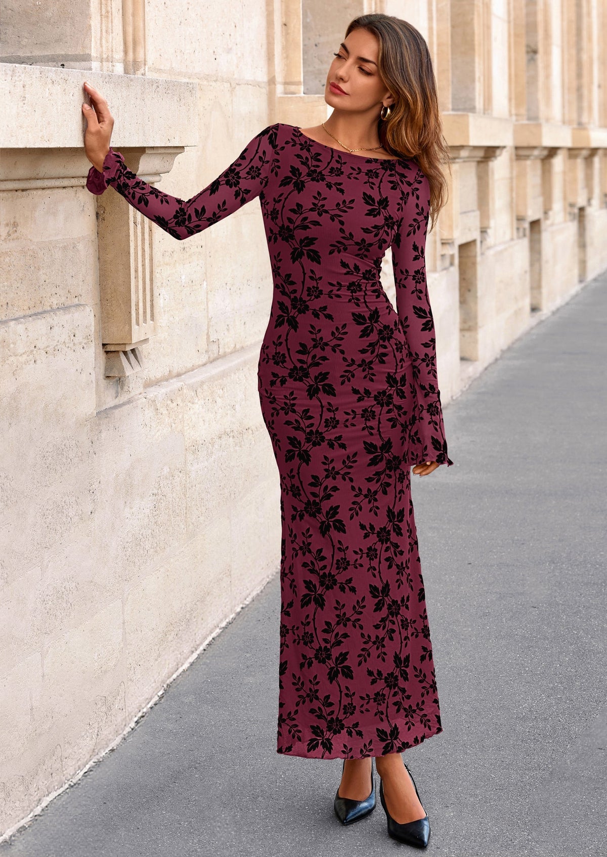 Floral Mesh Bodycon Maxi Dress - Long Sleeve, Boat Neck, photo 27