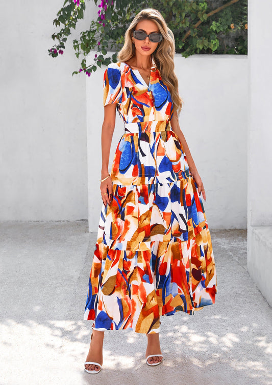 Floral A-Line Tiered Maxi Dress - Short Sleeve, V-Neck, Boho - photo 1