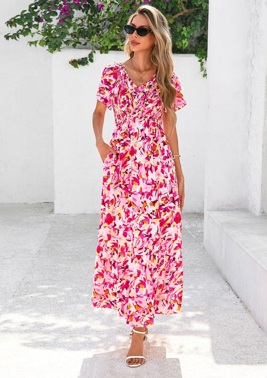 Floral Smocked A-Line Maxi Dress - Short Sleeve, V-Neck, Boho - photo 1