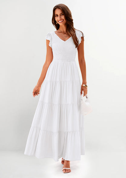 Flowy Smocked Maxi Dress - Cap Sleeve, V-Neck, Casual - photo 62