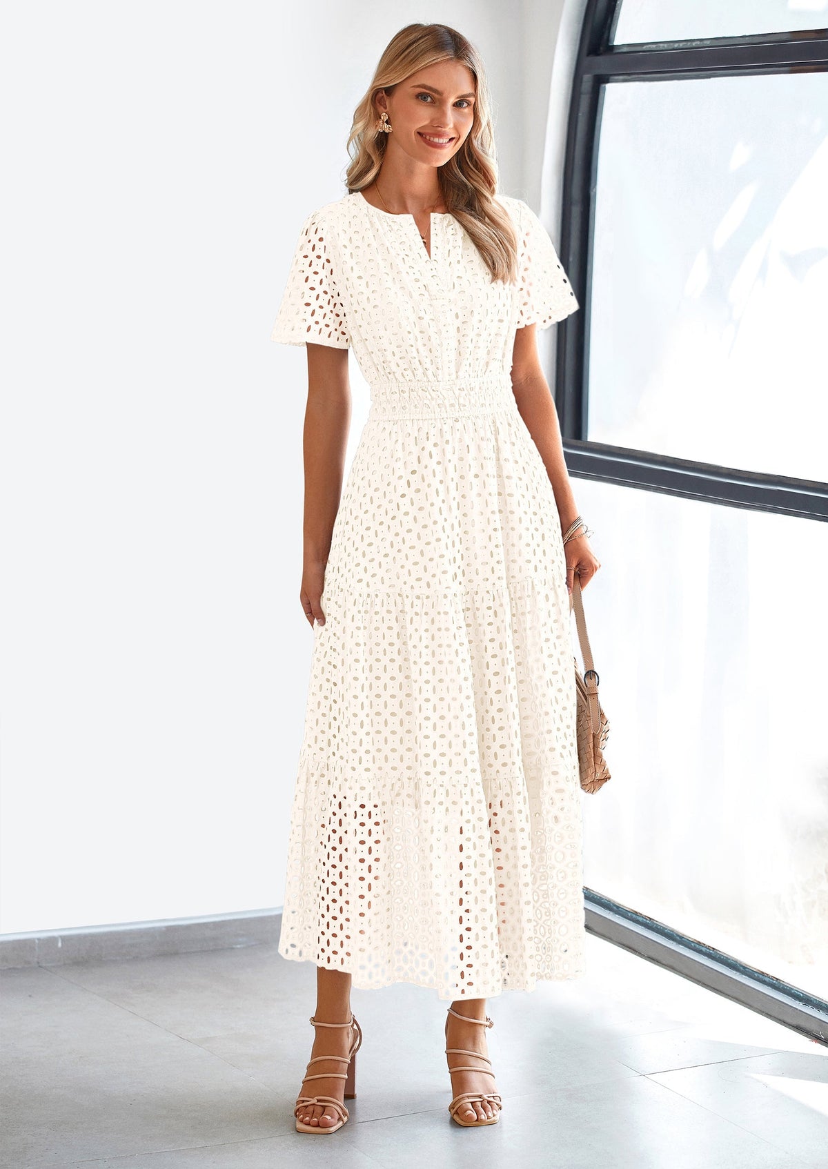 Eyelet A-Line Flowy Maxi Dress - Short Sleeve, V-Neck, Beach - photo 44