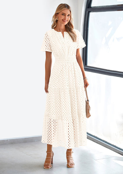 Eyelet A-Line Flowy Maxi Dress - Short Sleeve, V-Neck, Beach - photo 44