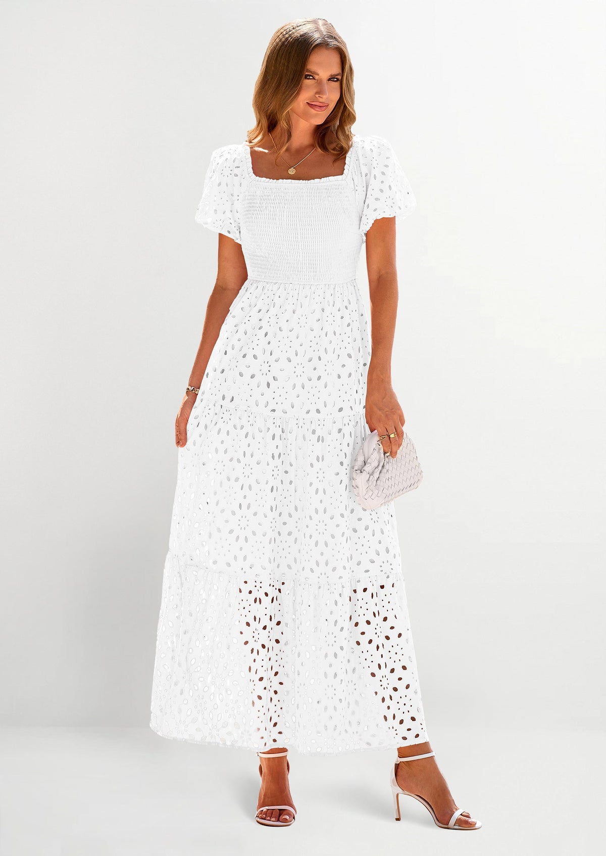 Eyelet Smocked Maxi Dress - Puff Sleeve, Square Neck, Wedding - photo 34