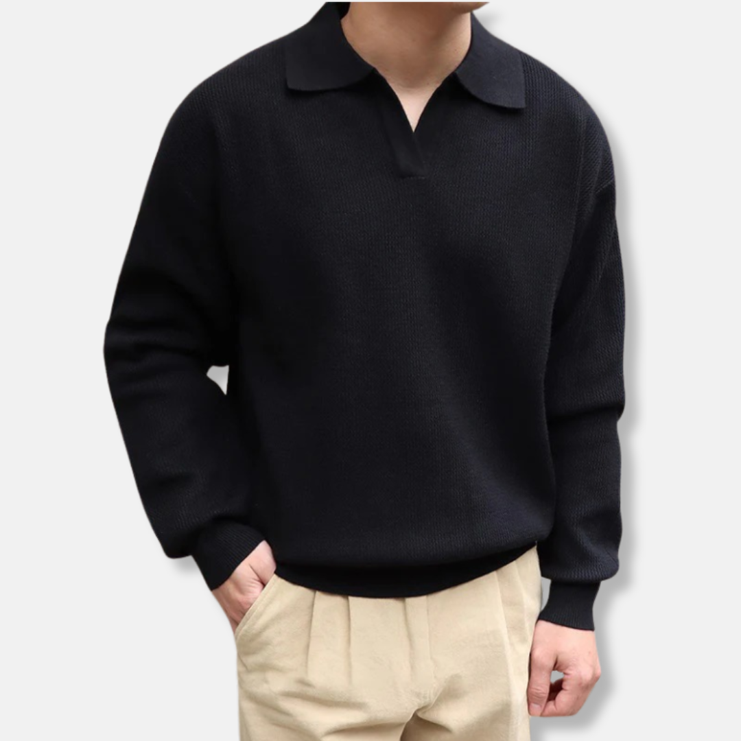 Men's Knit Pullover Sweater Polo Collar V Neck Relaxed Fit