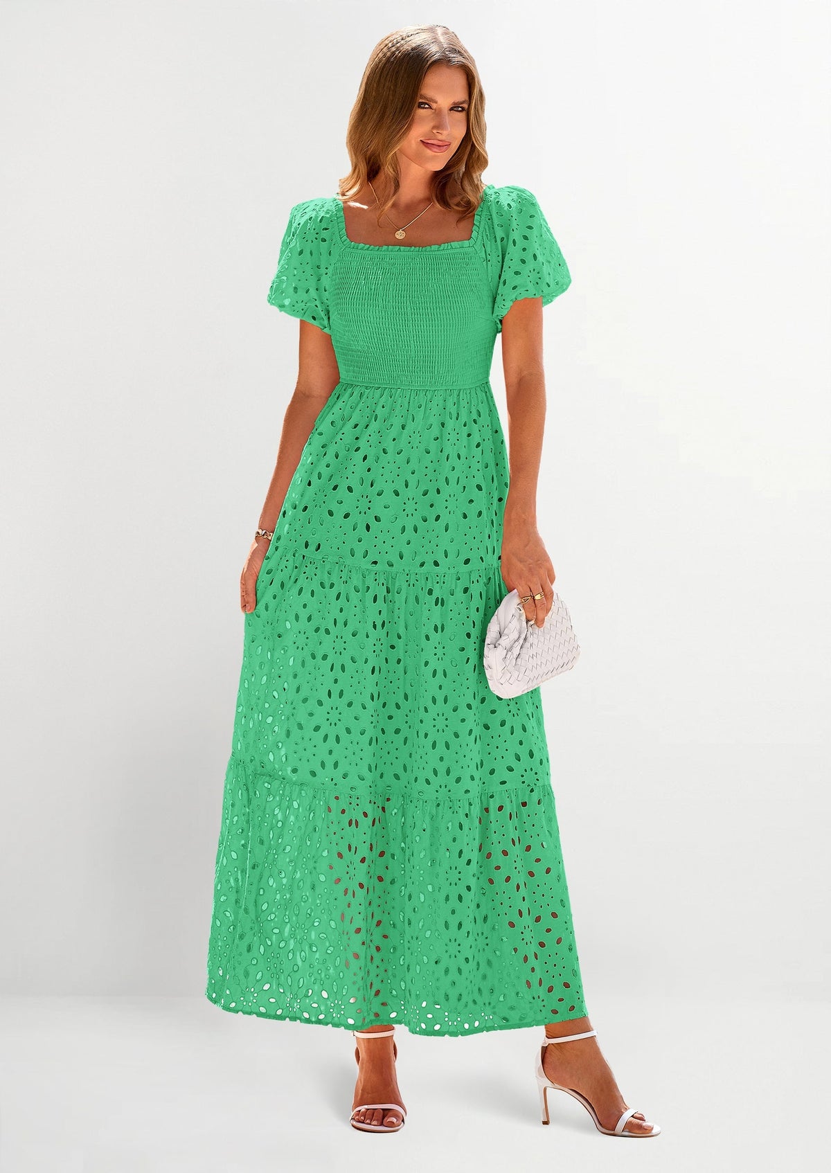 Eyelet Smocked Maxi Dress - Puff Sleeve, Square Neck, Wedding - photo 1