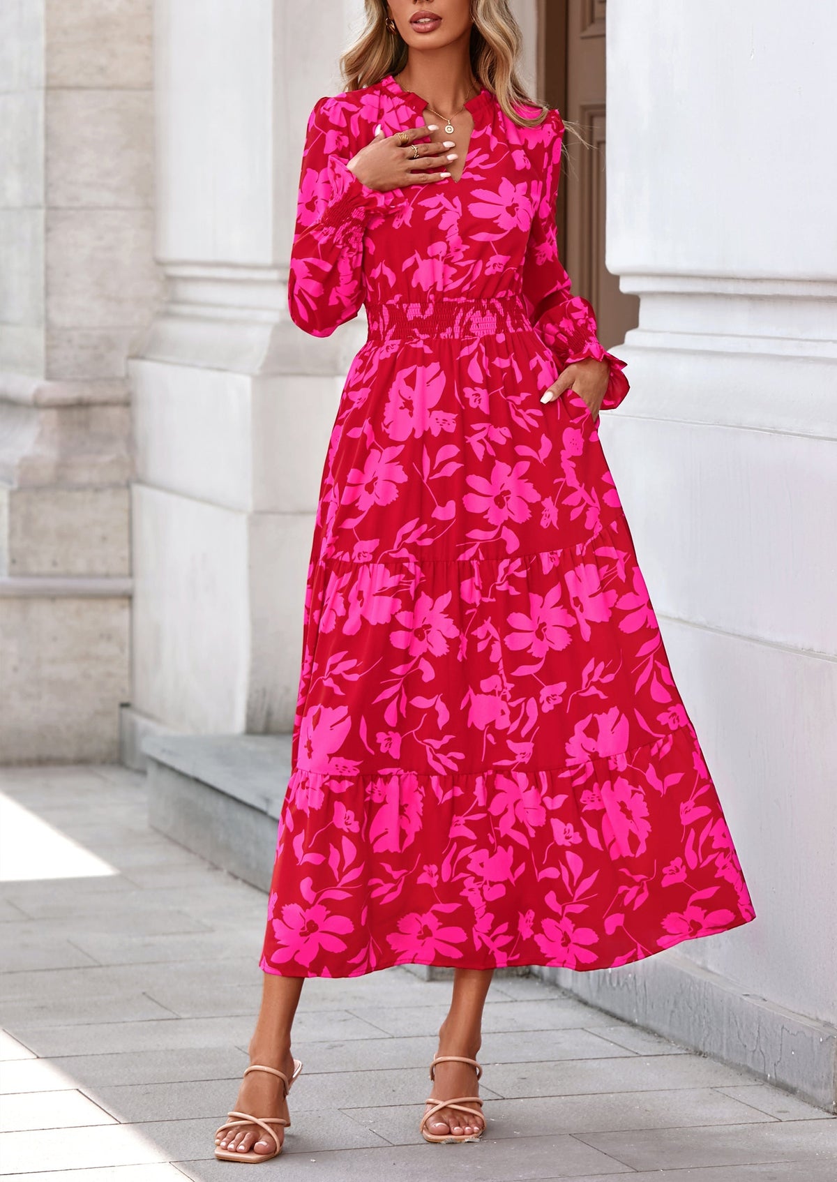 Floral A-Line Flowy Maxi Dress - Long Sleeve, V-Neck, Casual - photo 37