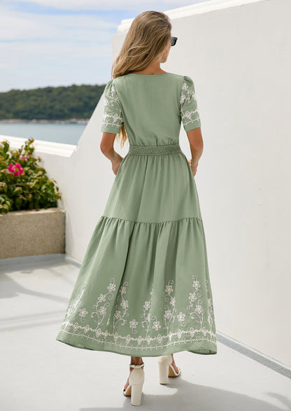 Floral A-Line Flowy Maxi Dress - Short Sleeve, V-Neck, Boho - photo 2