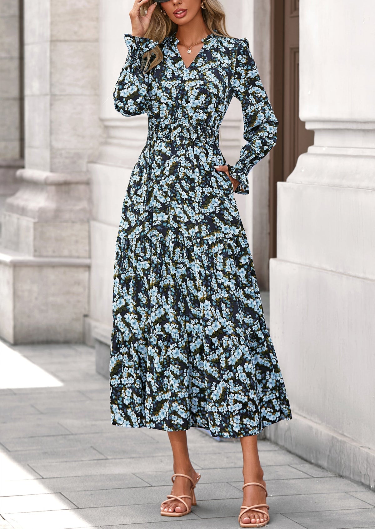 Floral A-Line Flowy Maxi Dress - Long Sleeve, V-Neck, Casual - photo 52