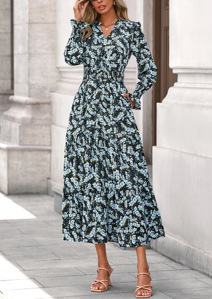Floral A-Line Flowy Maxi Dress - Long Sleeve, V-Neck, Casual - photo 52