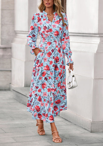 Floral A-Line Flowy Maxi Dress - Long Sleeve, V-Neck, Casual - photo 4