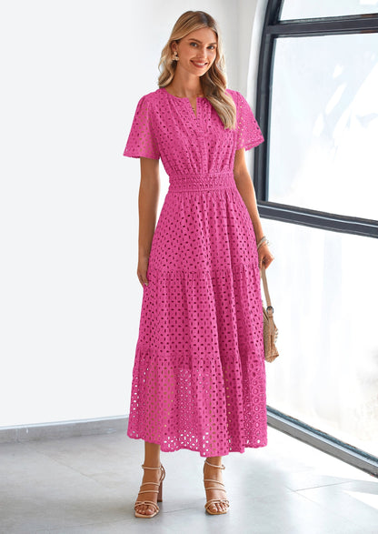 Eyelet A-Line Flowy Maxi Dress - Short Sleeve, V-Neck, Beach - photo 38