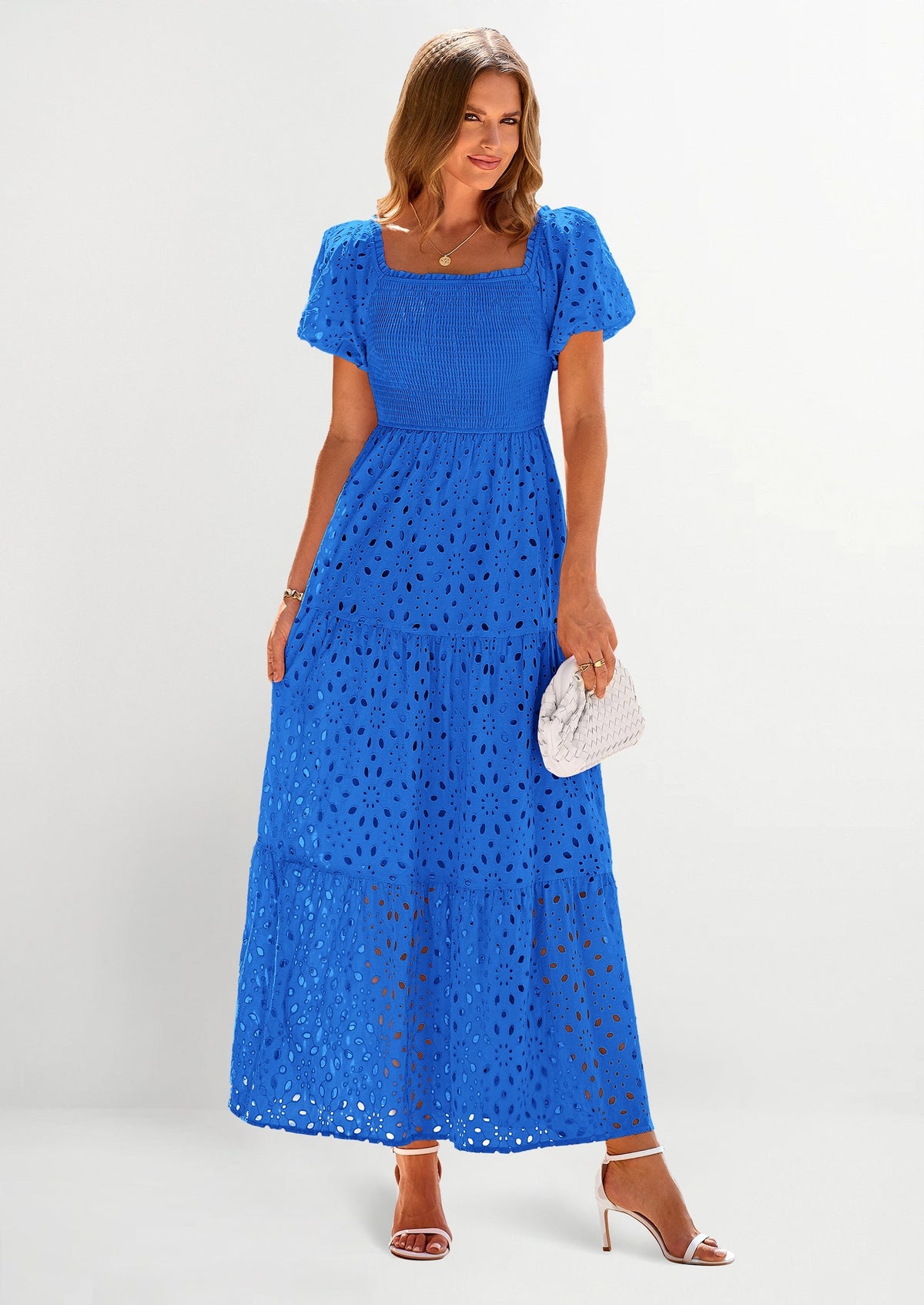 Eyelet Smocked Maxi Dress - Puff Sleeve, Square Neck, Wedding - photo 10