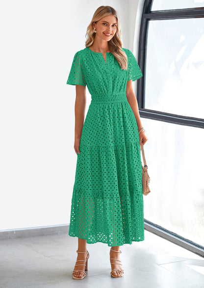 Eyelet A-Line Flowy Maxi Dress - Short Sleeve, V-Neck, Beach - photo 26