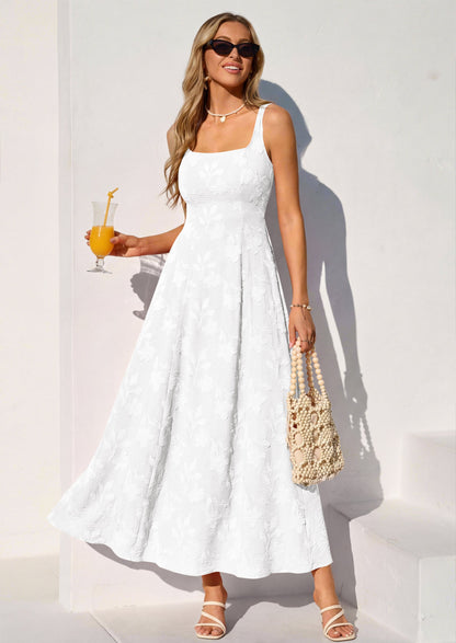 Jacquard Flowy Maxi Dress - Sleeveless, Square Neck, Casual - photo 32
