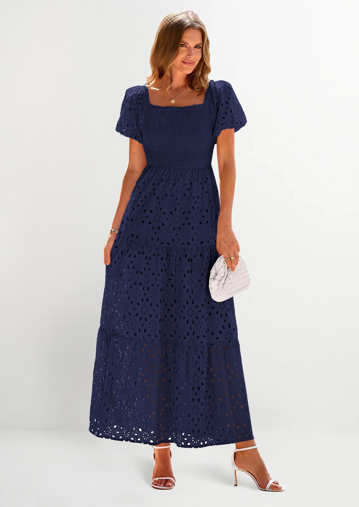 Eyelet Smocked Maxi Dress - Puff Sleeve, Square Neck, Wedding - photo 50