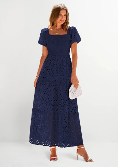 Eyelet Smocked Maxi Dress - Puff Sleeve, Square Neck, Wedding - photo 50