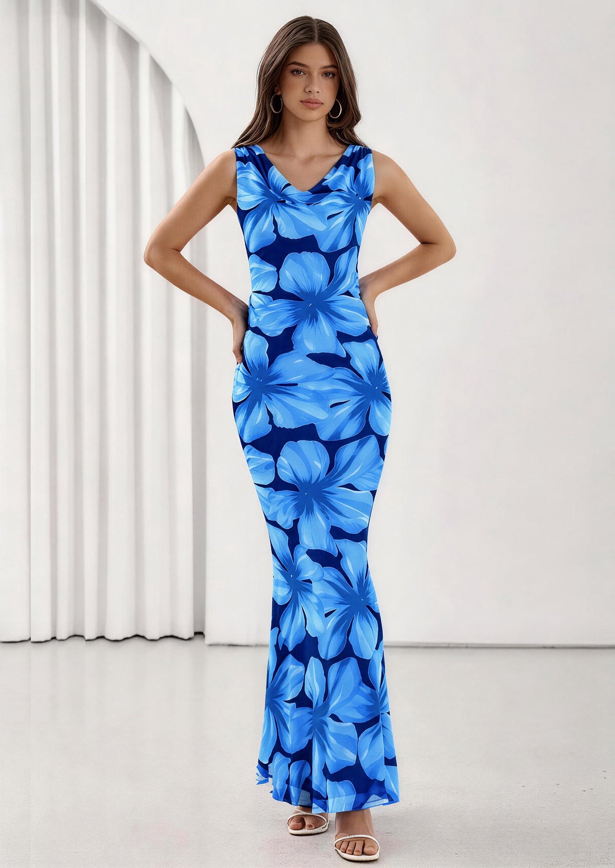 Floral Bodycon Maxi Dress - Sleeveless, Cowl Neck, Beach - photo 8