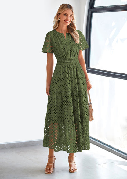 Eyelet A-Line Flowy Maxi Dress - Short Sleeve, V-Neck, Beach - photo 7