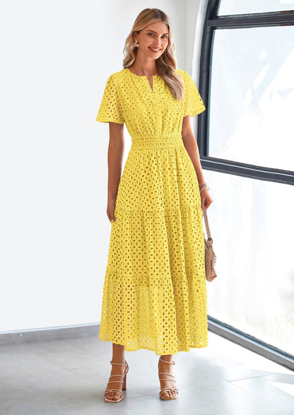 Eyelet A-Line Flowy Maxi Dress - Short Sleeve, V-Neck, Beach - photo 50