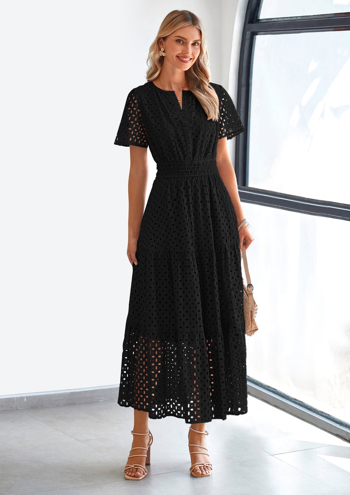 Eyelet A-Line Flowy Maxi Dress - Short Sleeve, V-Neck, Beach - photo 13