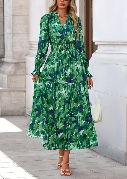 Floral A-Line Flowy Maxi Dress - Long Sleeve, V-Neck, Casual - photo 73