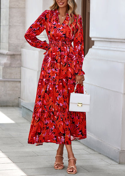 Floral A-Line Flowy Maxi Dress - Long Sleeve, V-Neck, Casual - photo 42