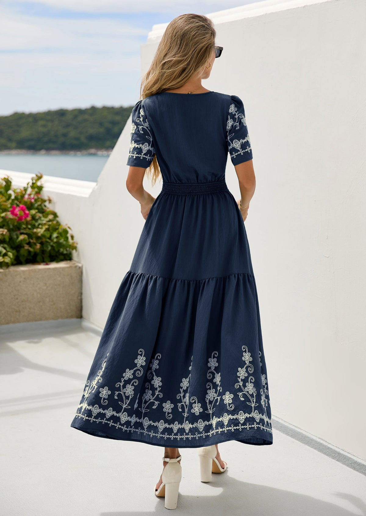 Floral A-Line Flowy Maxi Dress - Short Sleeve, V-Neck, Boho - photo 8