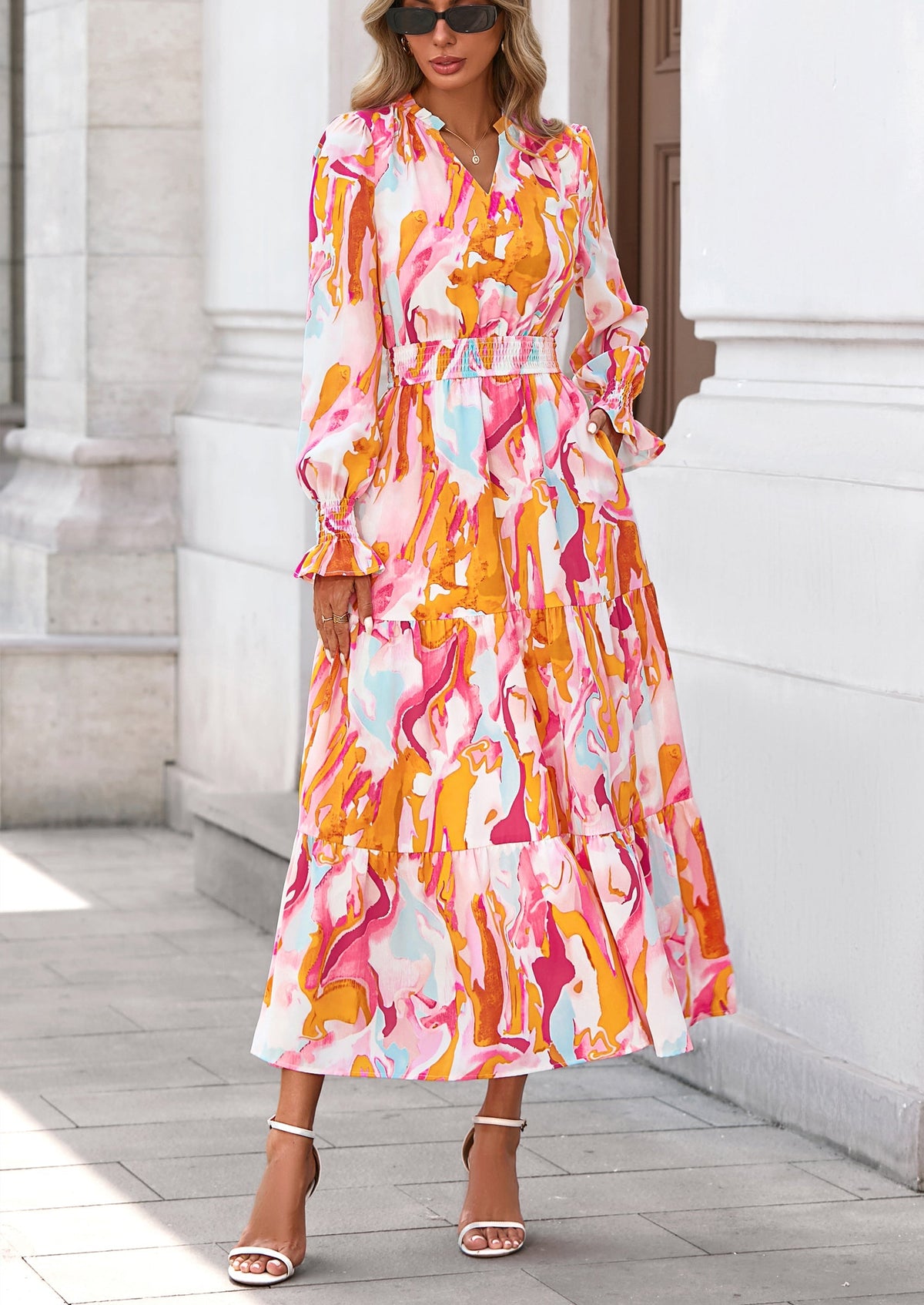 Floral A-Line Flowy Maxi Dress - Long Sleeve, V-Neck, Casual - photo 74