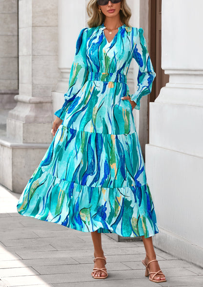 Floral A-Line Flowy Maxi Dress - Long Sleeve, V-Neck, Casual - photo 57