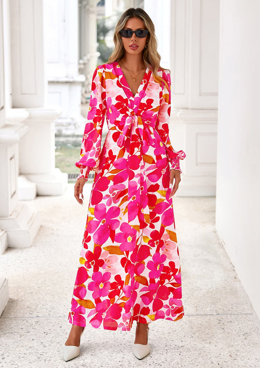Floral Flowy Maxi Dress - Long Sleeve, V-Neck, Boho - photo 1