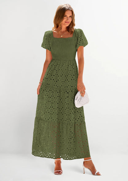 Eyelet Smocked Maxi Dress - Puff Sleeve, Square Neck, Wedding - photo 26