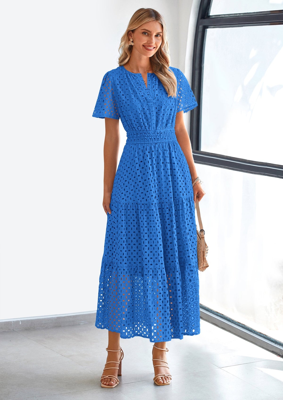 Eyelet A-Line Flowy Maxi Dress - Short Sleeve, V-Neck, Beach - photo 19