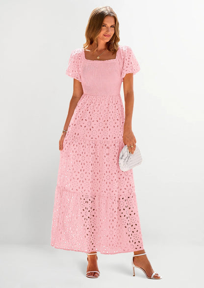 Eyelet Smocked Maxi Dress - Puff Sleeve, Square Neck, Wedding - photo 58