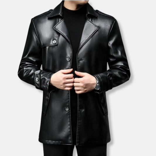 Orsenvi Men's Faux Leather Trench Coat Mid-Thigh Notched Lapel