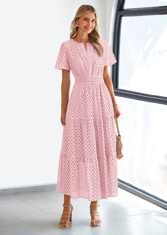 Eyelet A-Line Flowy Maxi Dress - Short Sleeve, V-Neck, Beach - photo 1
