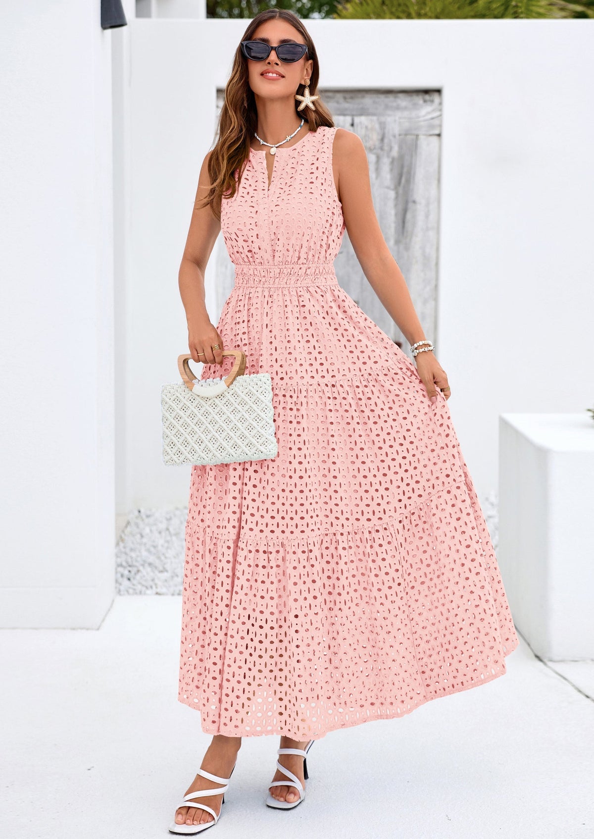 Eyelet A-Line Flowy Maxi Dress - Sleeveless, V-Neck, Beach - photo 24