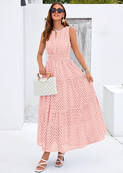 Eyelet A-Line Flowy Maxi Dress - Sleeveless, V-Neck, Beach - photo 24