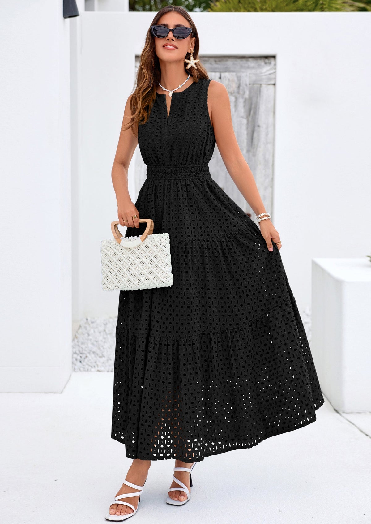 Eyelet A-Line Flowy Maxi Dress - Sleeveless, V-Neck, Beach - photo 15