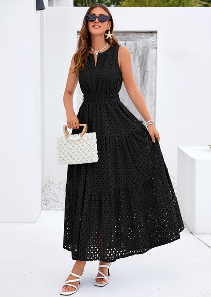 Eyelet A-Line Flowy Maxi Dress - Sleeveless, V-Neck, Beach - photo 15